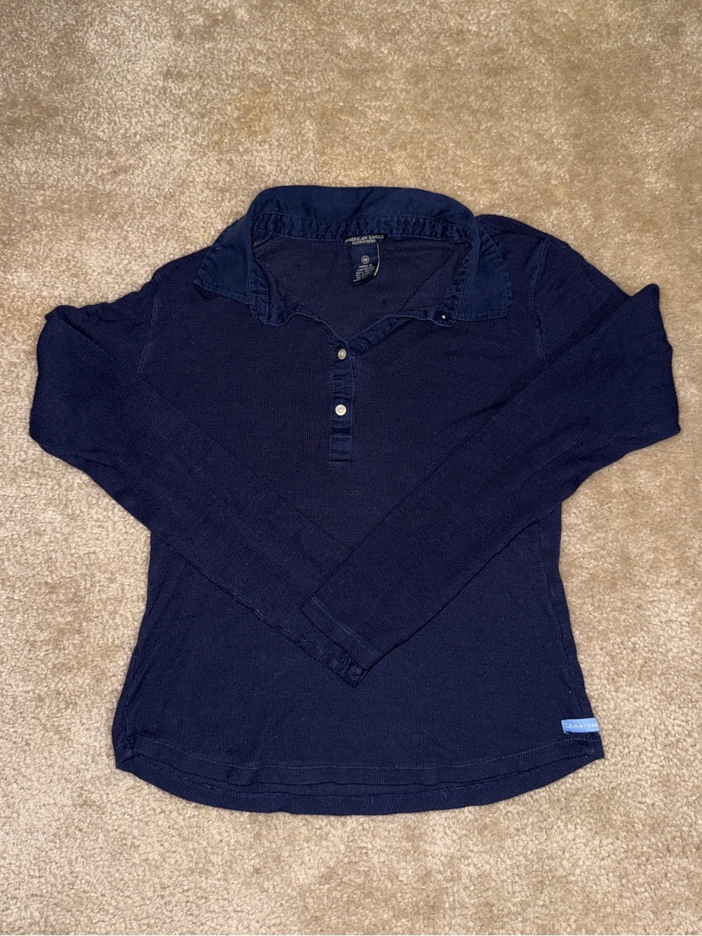 American Eagle Outfitters Navy Blue Ribbed Long Sleeve Henley Polo Size M